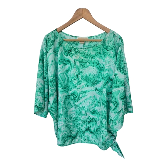 Michael Kors Green Patterned Blouse Sz 3X Plus Women Side Tie Flare Sleeve Light - Picture 1 of 11
